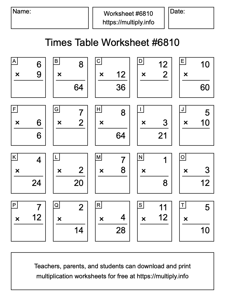 Times Table Worksheet #6810