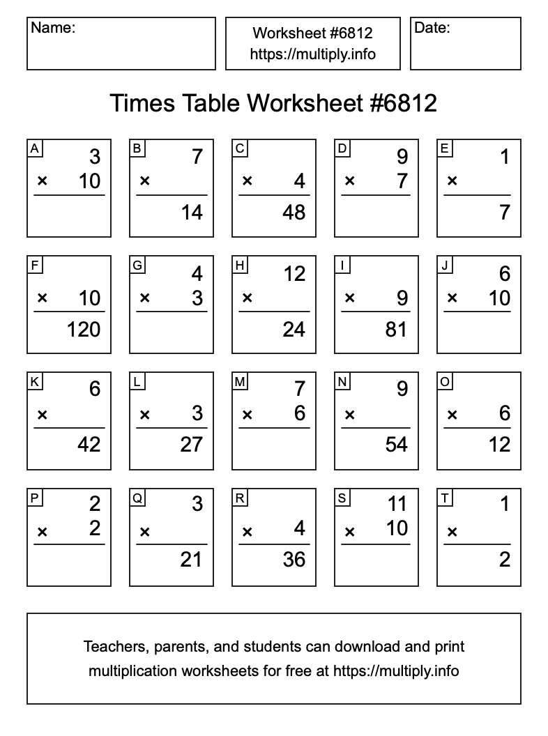 Times Table Worksheet #6812