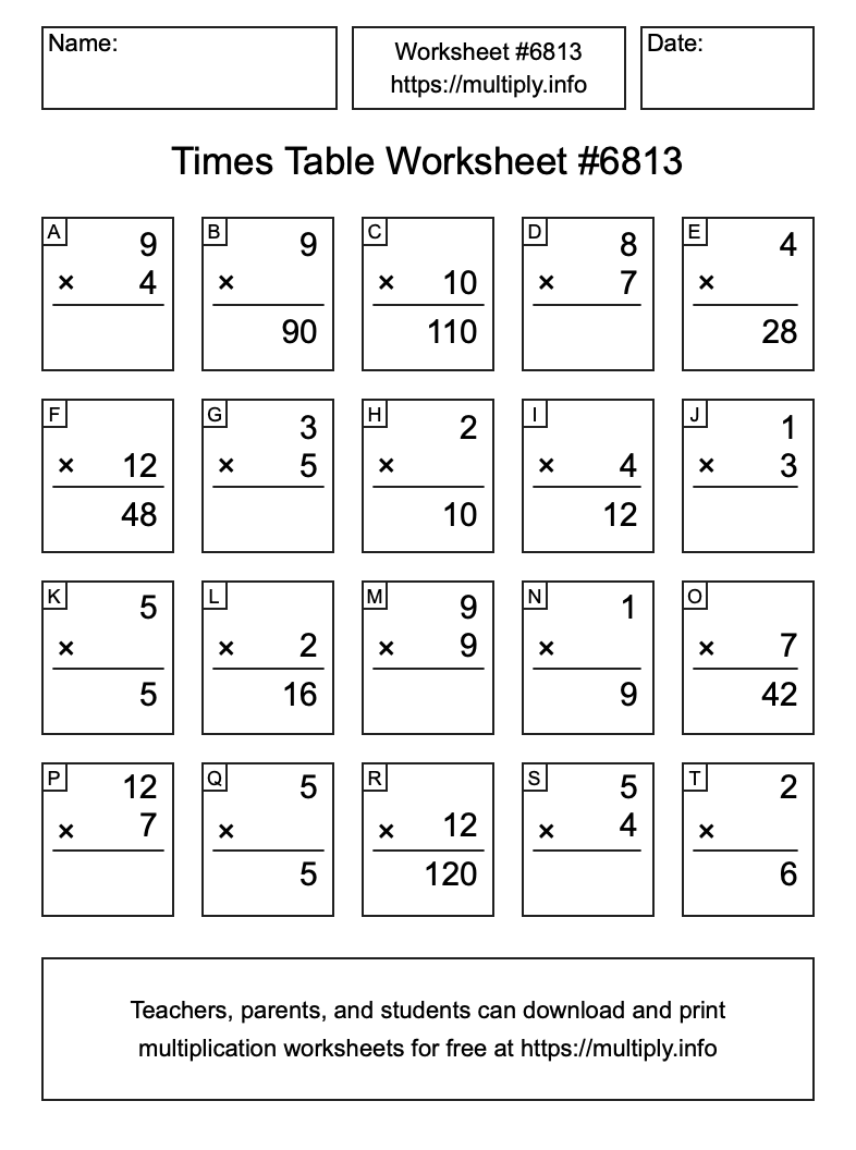 Times Table Worksheet #6813
