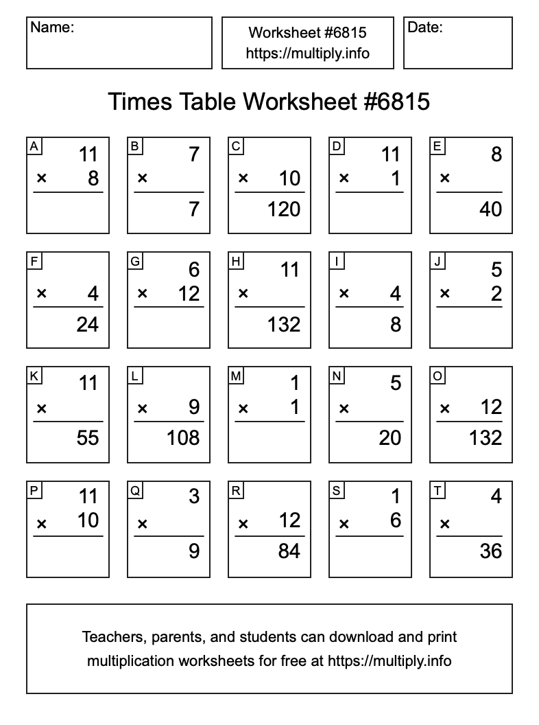 Times Table Worksheet #6815