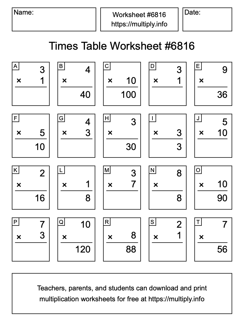 Times Table Worksheet #6816