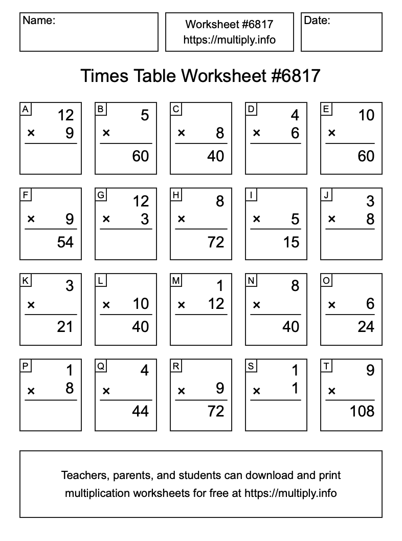 Times Table Worksheet #6817
