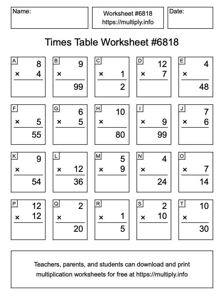 Times Table Worksheet #6818