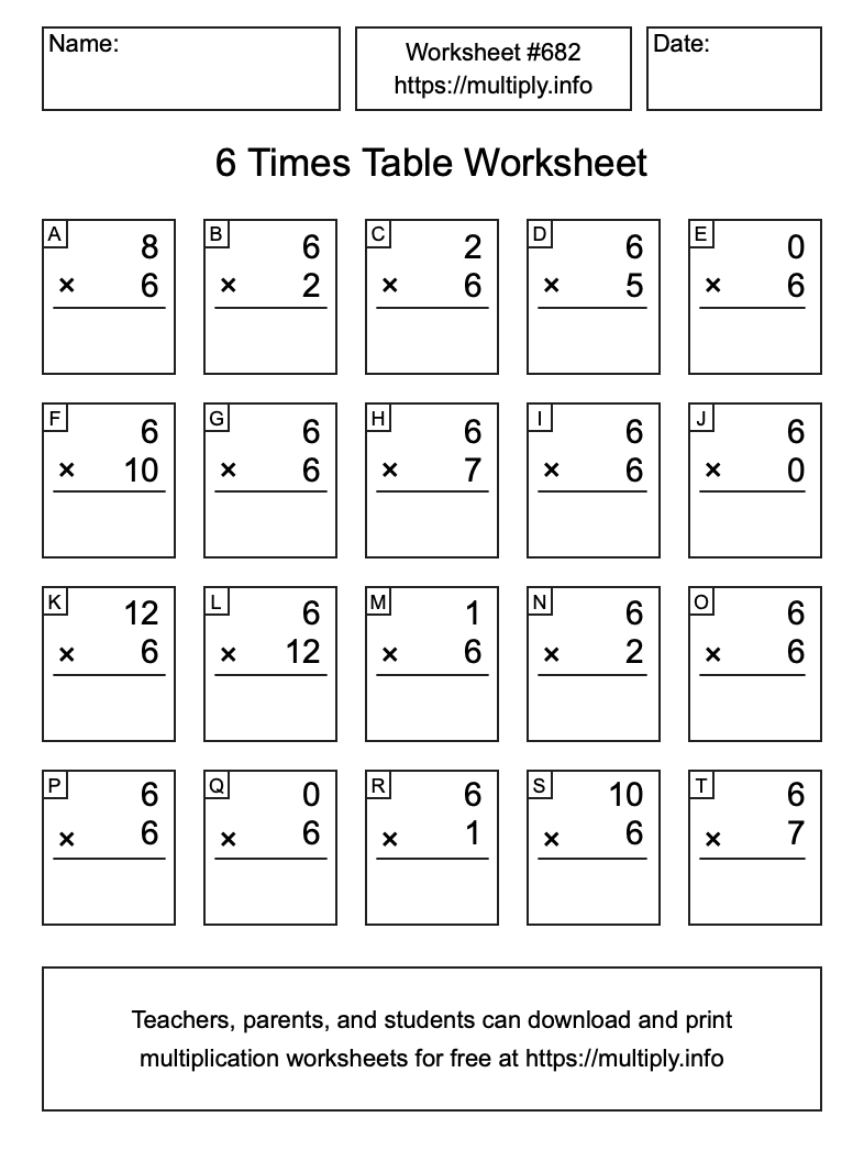 6 Times Table Worksheet #682
