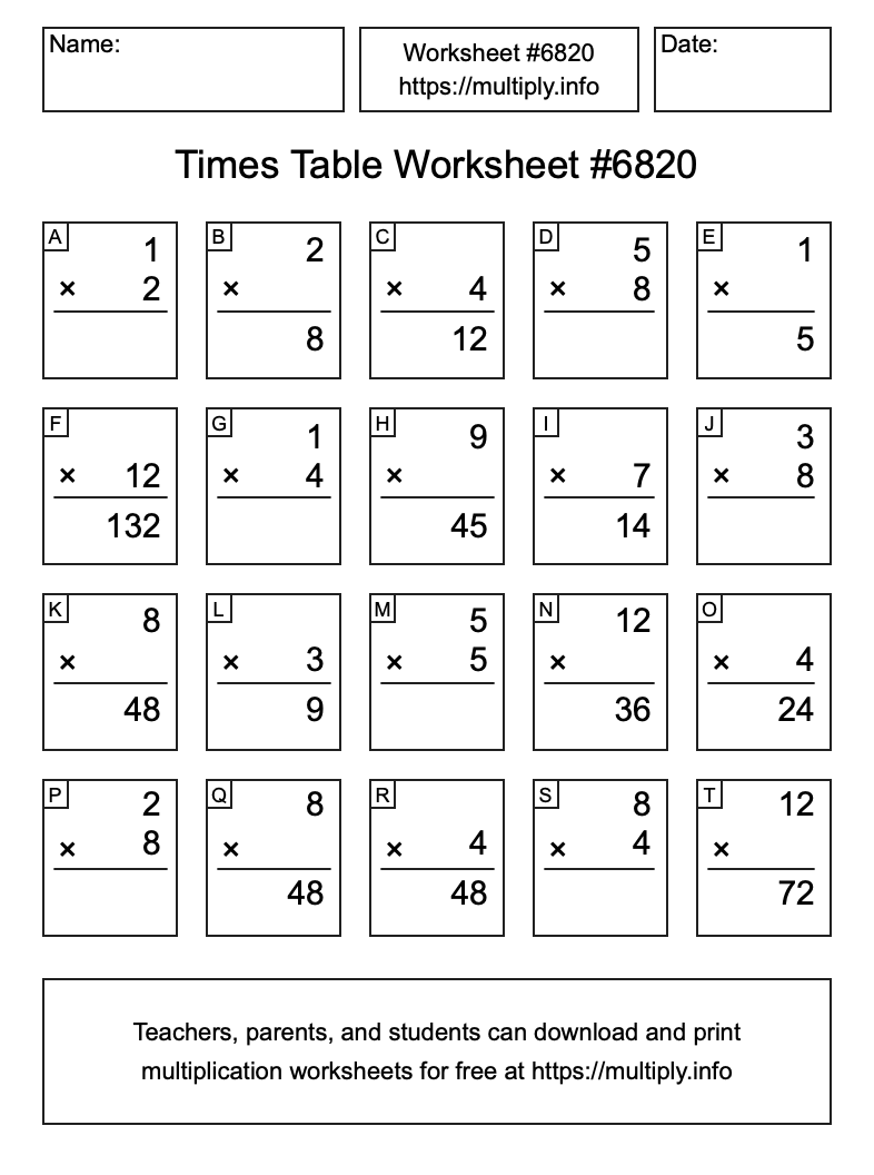 Times Table Worksheet #6820