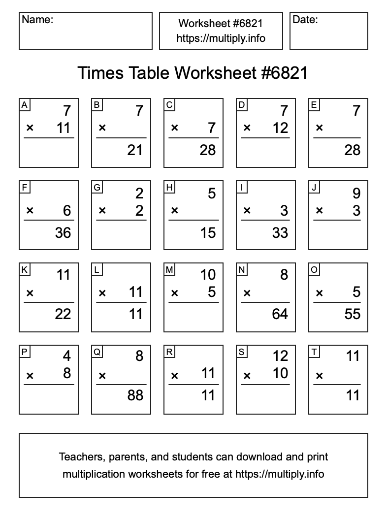 Times Table Worksheet #6821