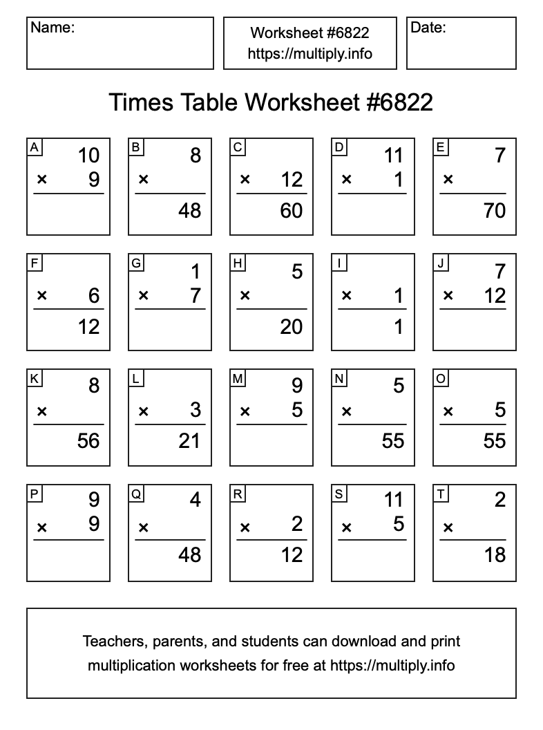 Times Table Worksheet #6822