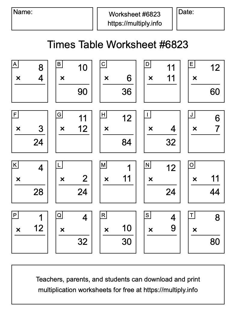 Times Table Worksheet #6823