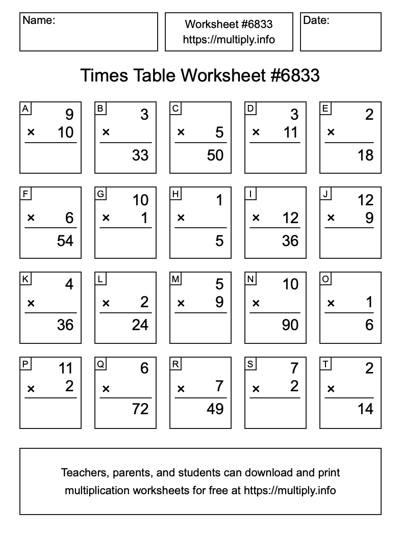 Times Table Worksheet #6833