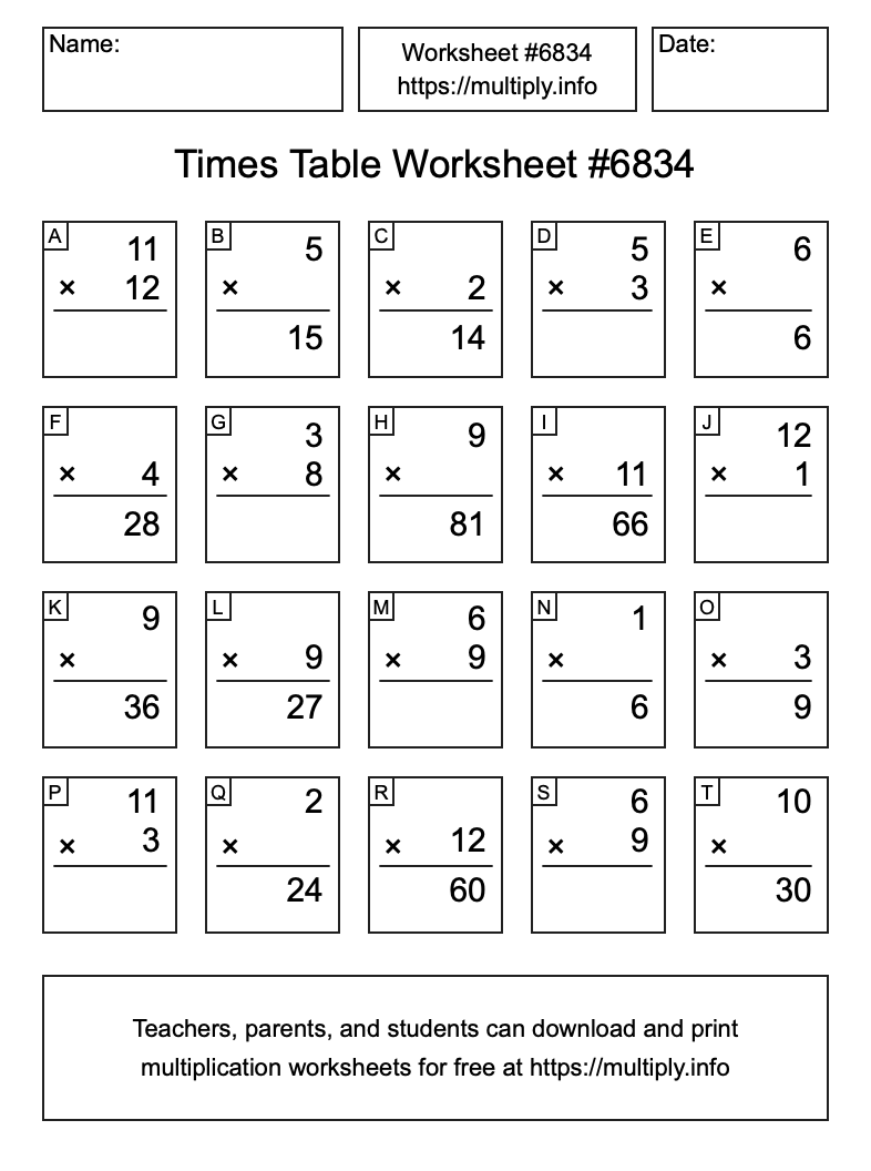 Times Table Worksheet #6834