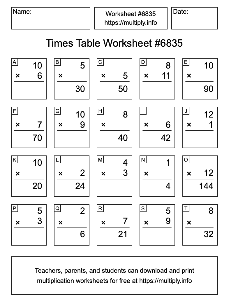 Times Table Worksheet #6835