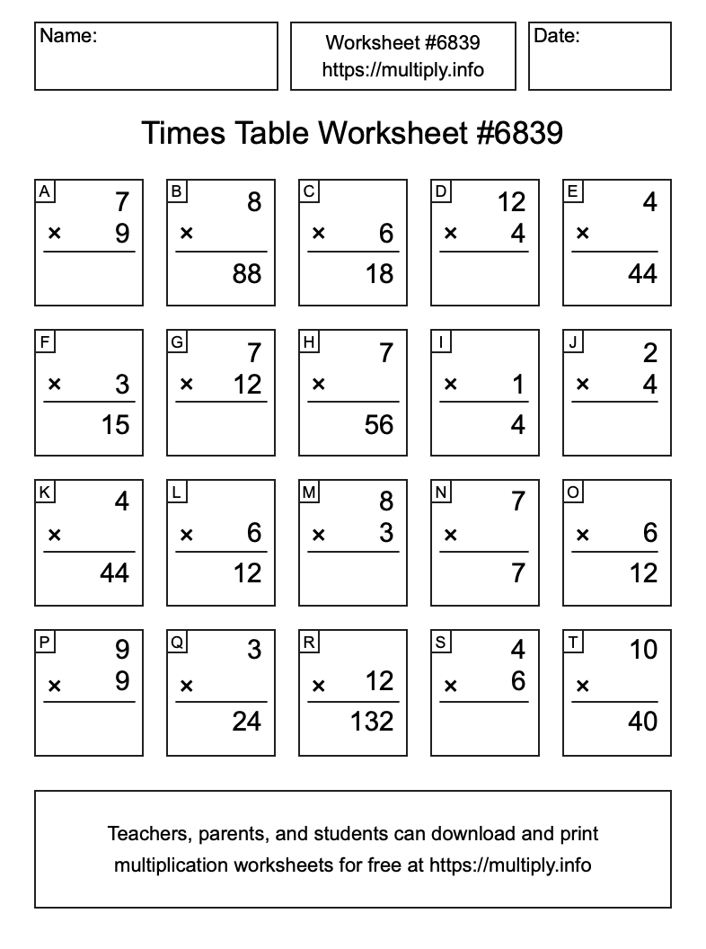 Times Table Worksheet #6839