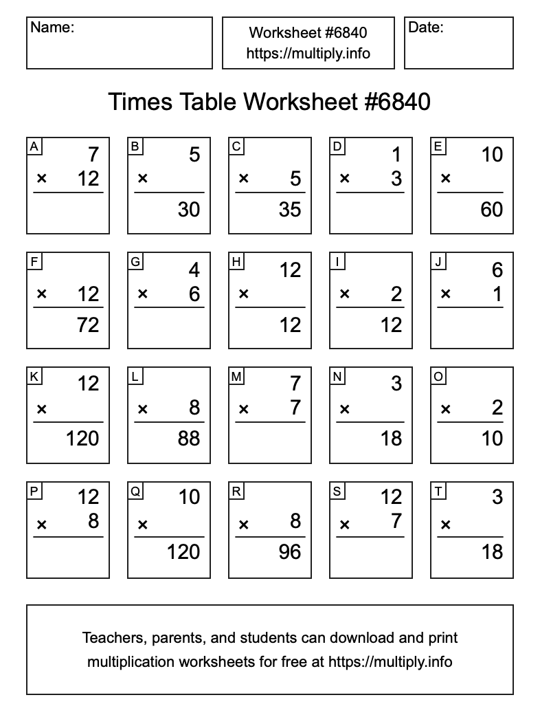 Times Table Worksheet #6840