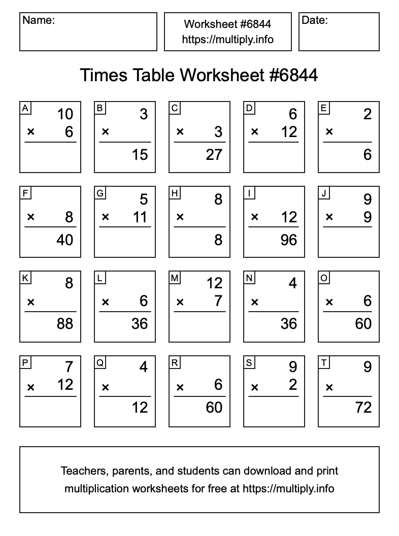 Times Table Worksheet #6844