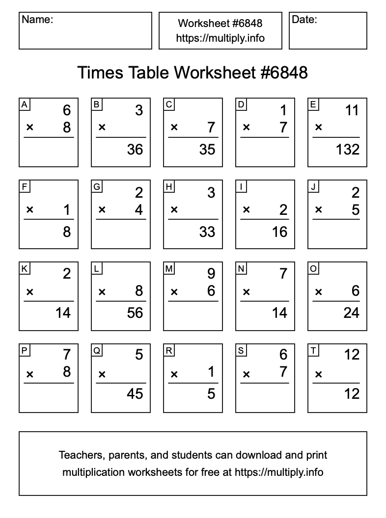 Times Table Worksheet #6848