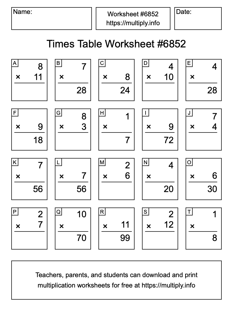 Times Table Worksheet #6852