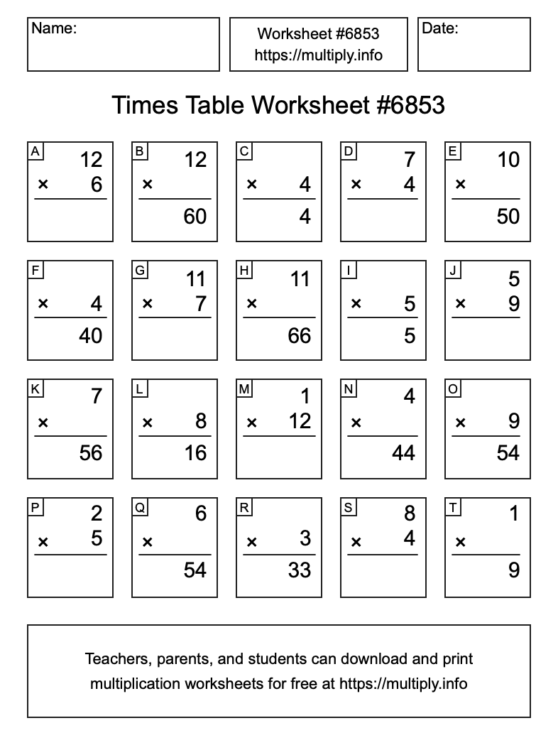 Times Table Worksheet #6853