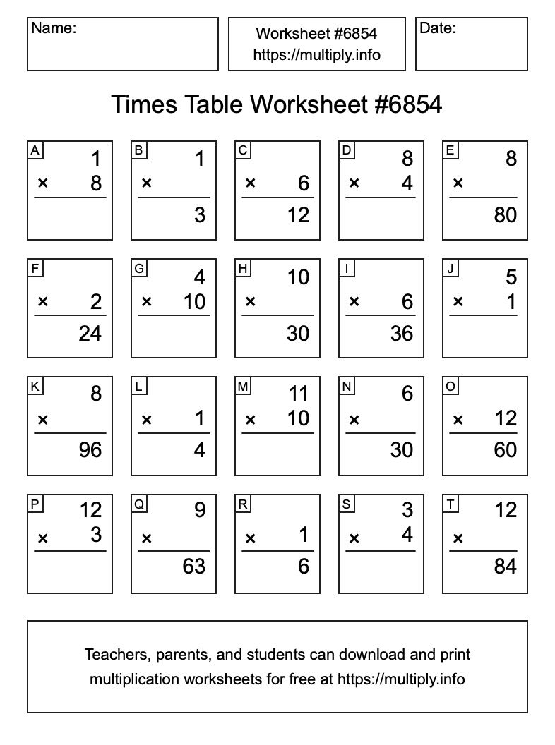 Times Table Worksheet #6854