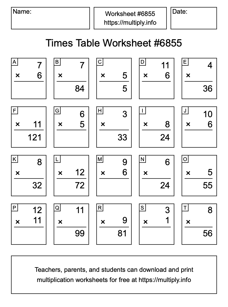 Times Table Worksheet #6855