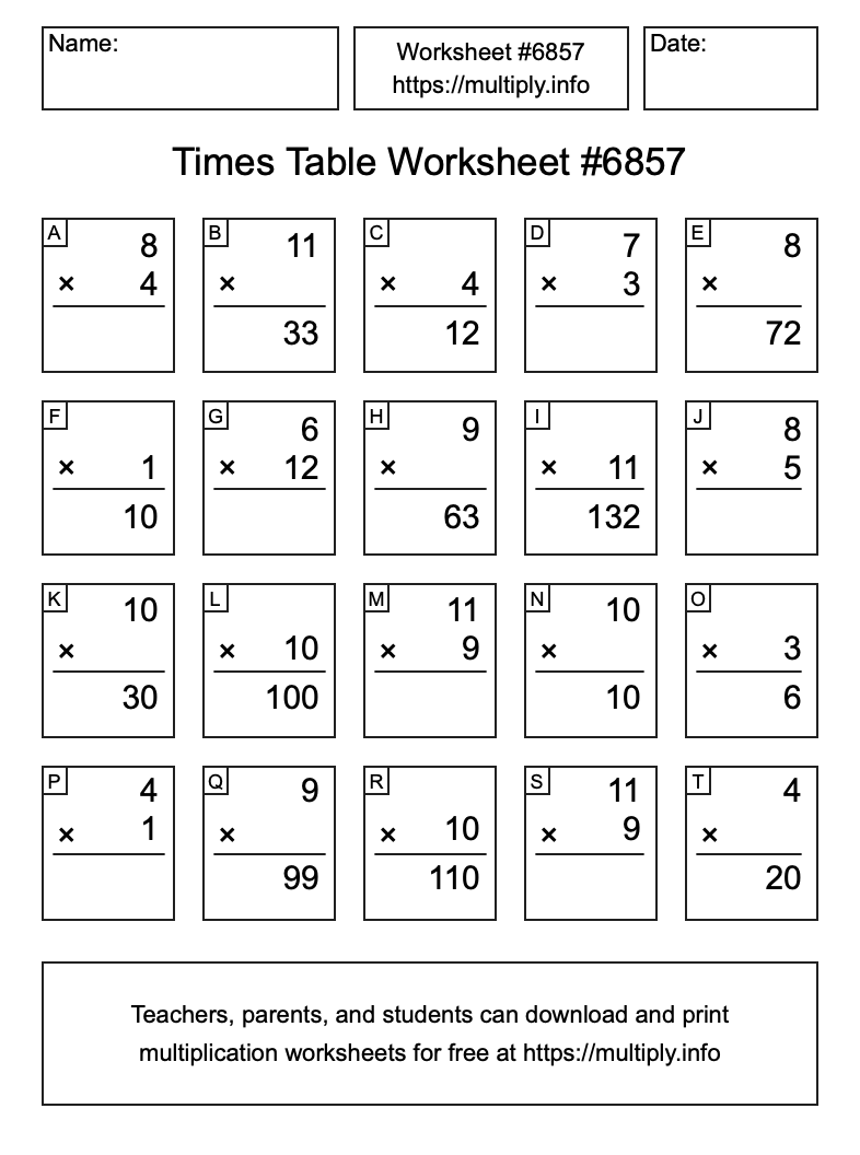 Times Table Worksheet #6857
