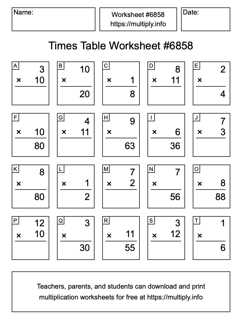 Times Table Worksheet #6858