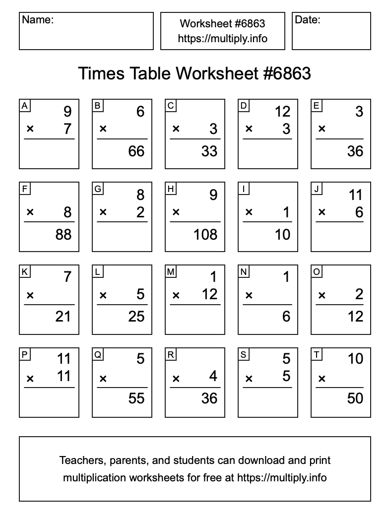 Times Table Worksheet #6863