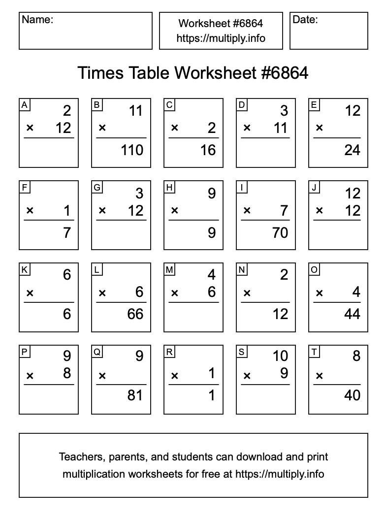 Times Table Worksheet #6864