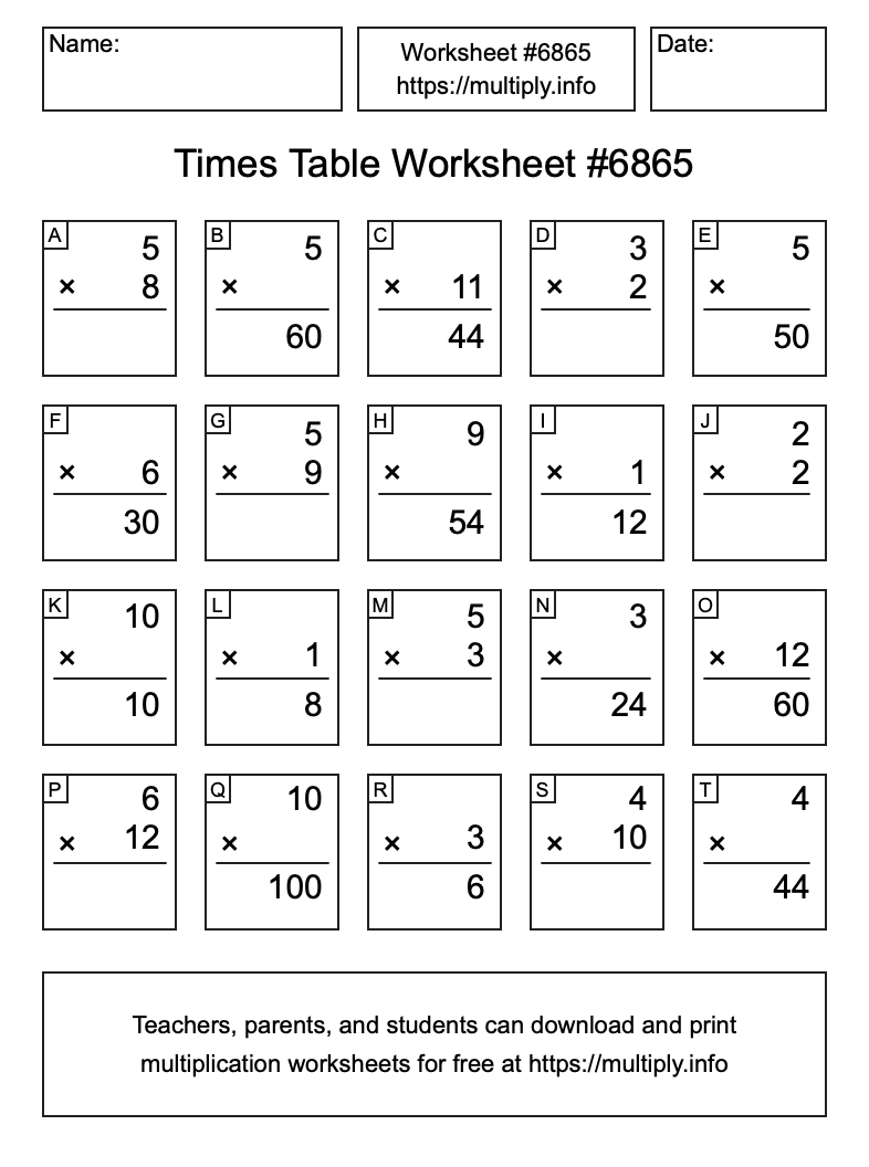 Times Table Worksheet #6865