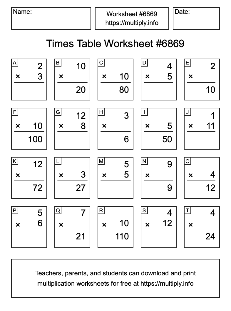 Times Table Worksheet #6869
