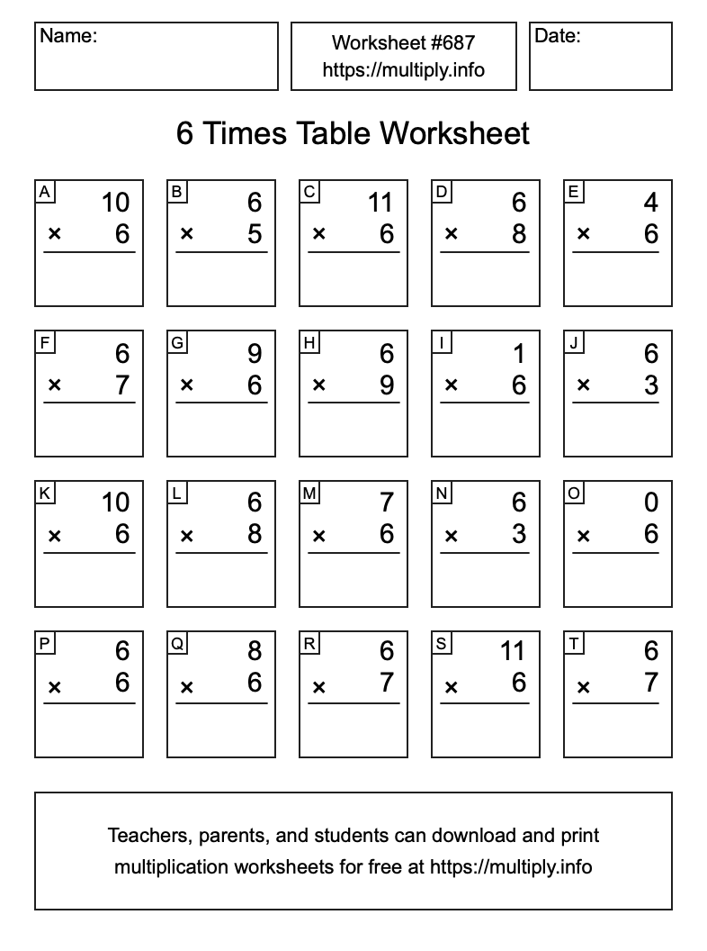 6 Times Table Worksheet #687