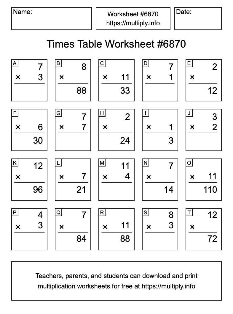 Times Table Worksheet #6870