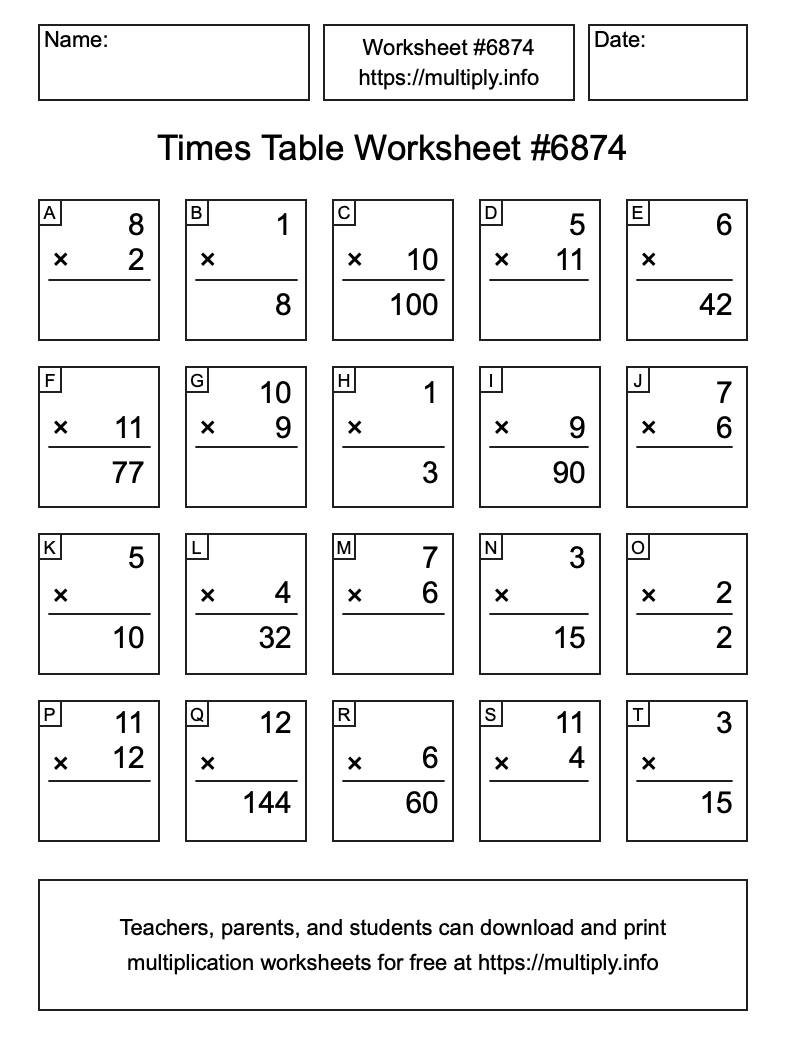 Times Table Worksheet #6874