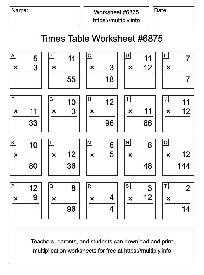 Times Table Worksheet #6875
