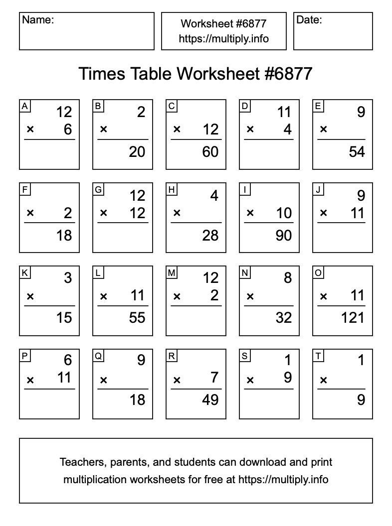 Times Table Worksheet #6877