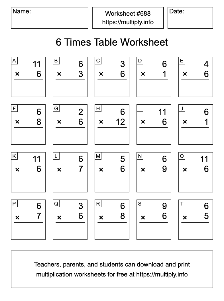 6 Times Table Worksheet #688