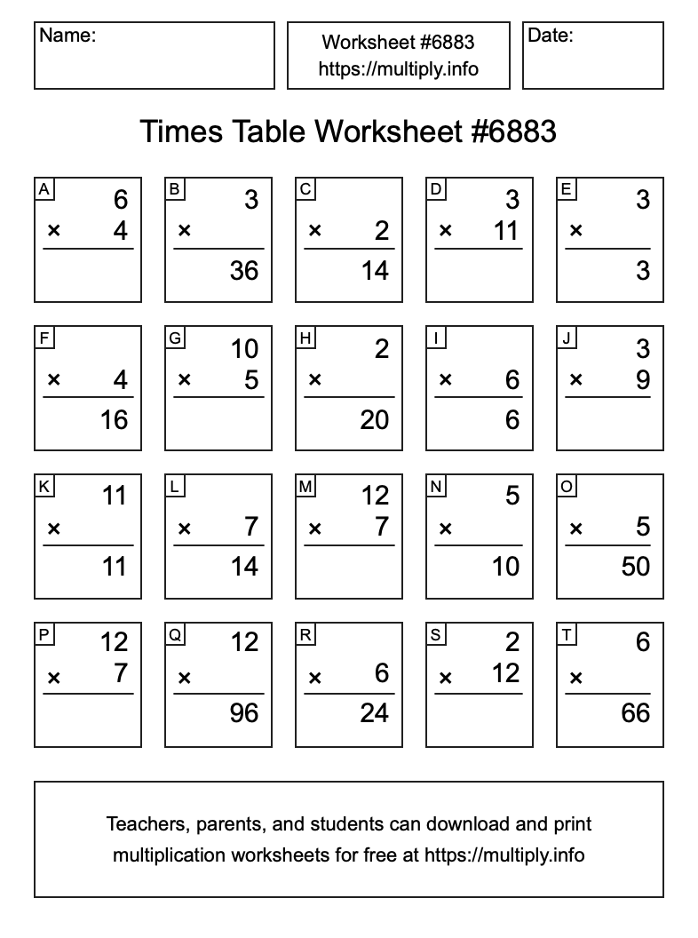 Times Table Worksheet #6883