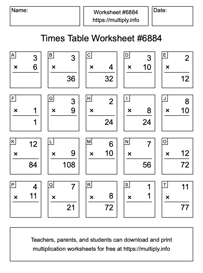 Times Table Worksheet #6884