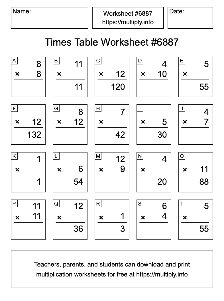 Times Table Worksheet #6887