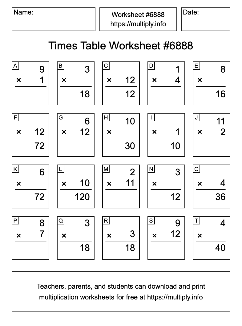 Times Table Worksheet #6888