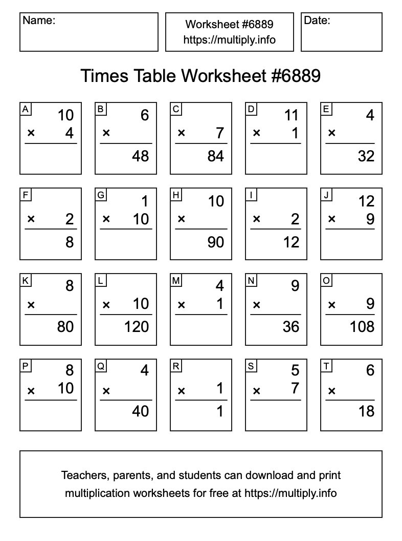 Times Table Worksheet #6889