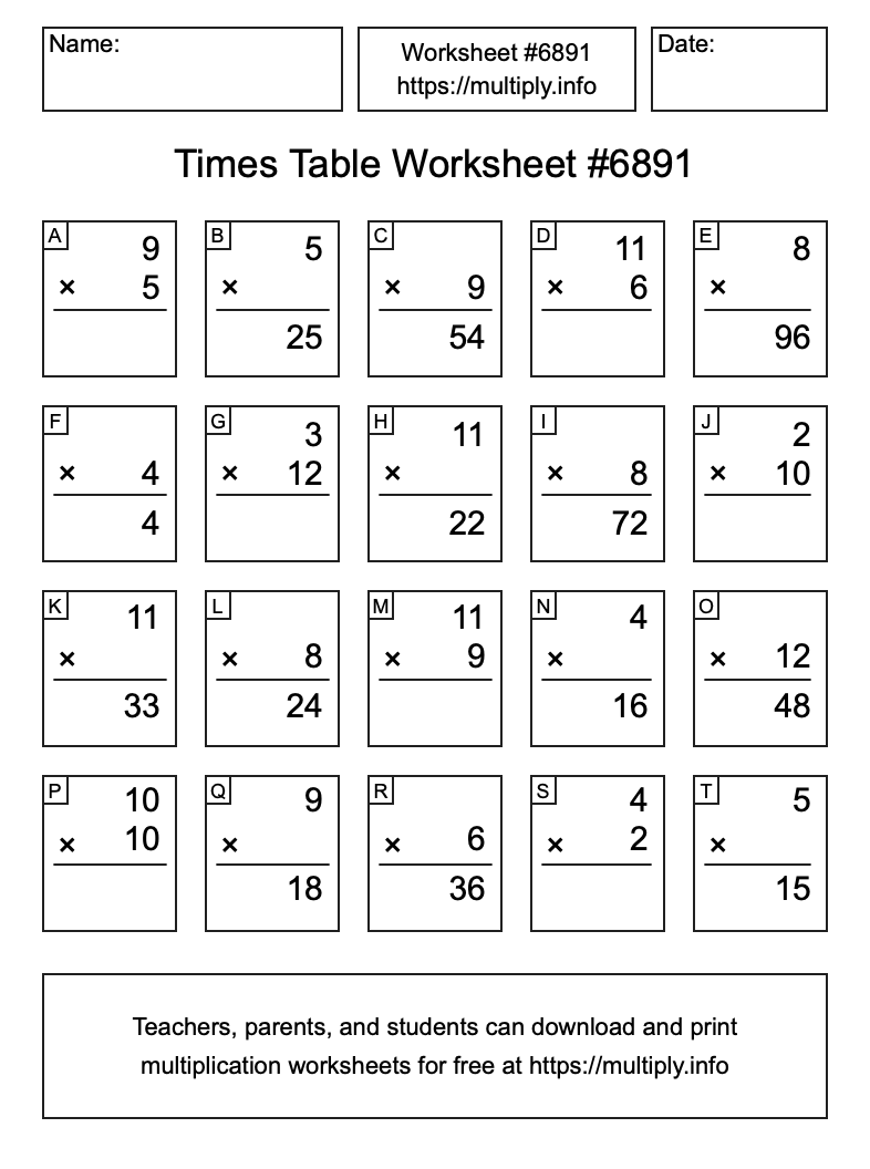 Times Table Worksheet #6891