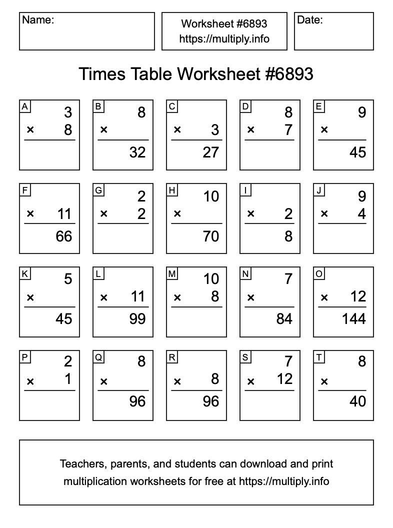 Times Table Worksheet #6893