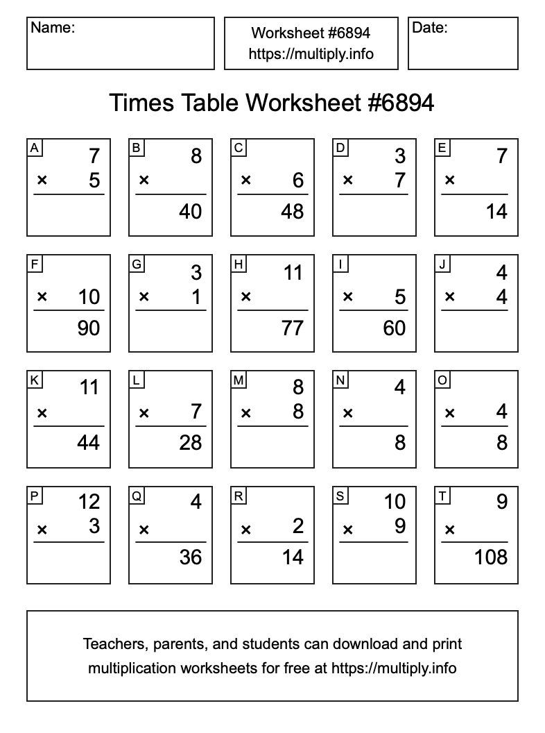 Times Table Worksheet #6894