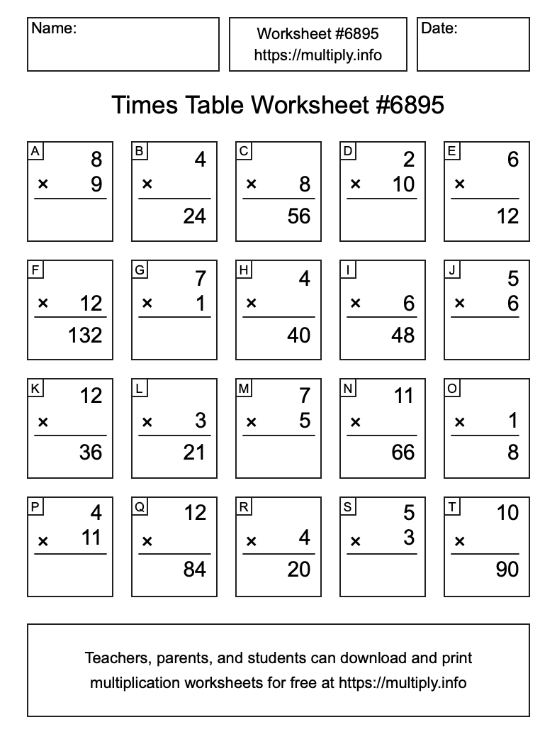 Times Table Worksheet #6895