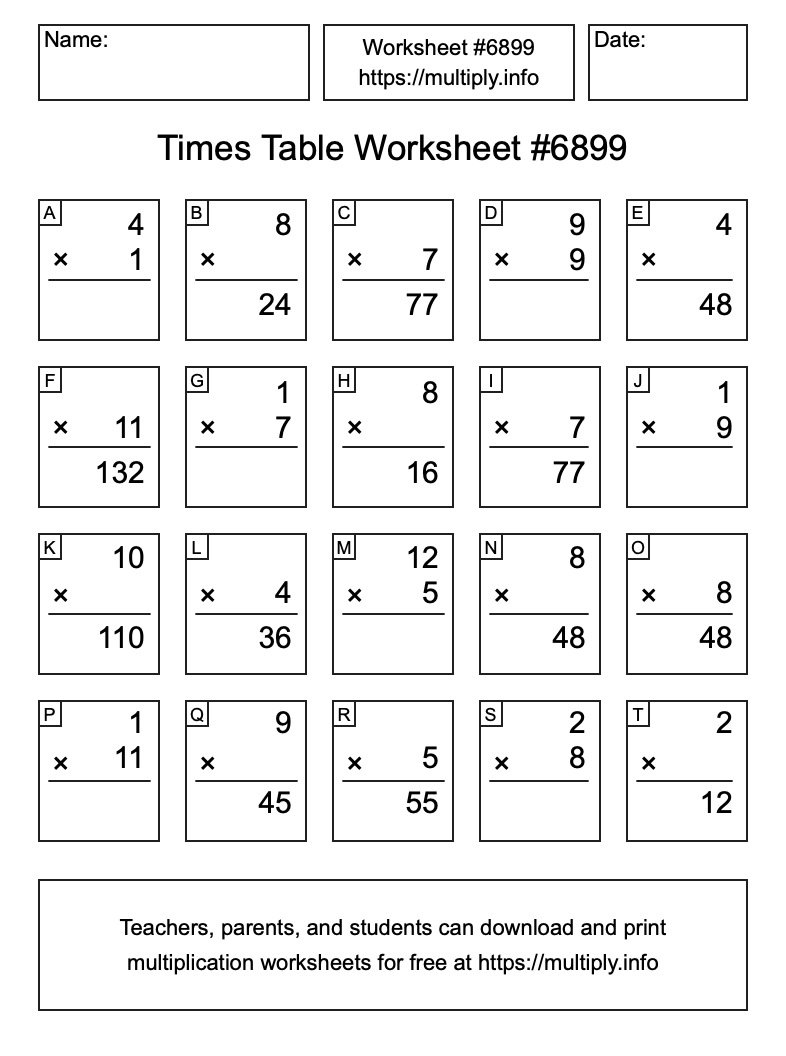 Times Table Worksheet #6899