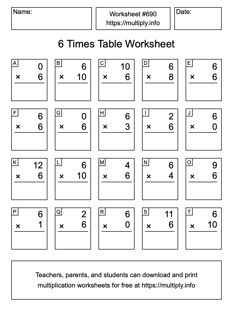6 Times Table Worksheet #690