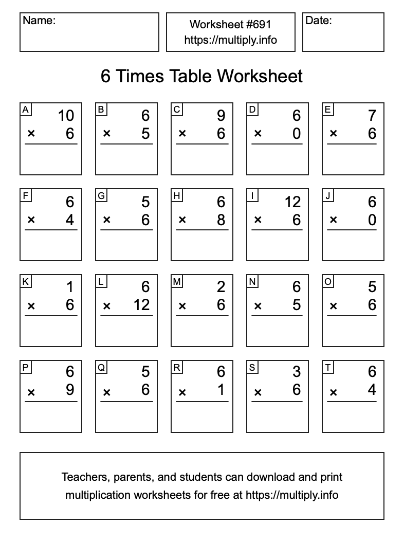 6 Times Table Worksheet #691