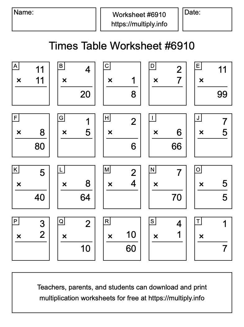 Times Table Worksheet #6910