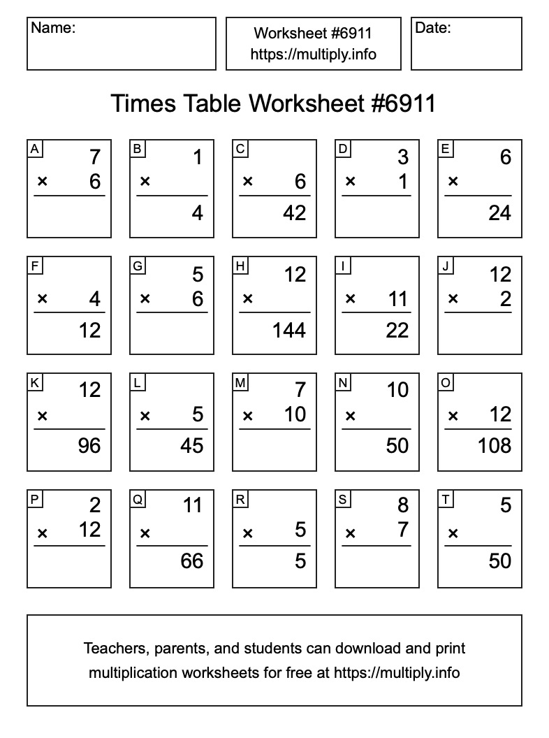 Times Table Worksheet #6911