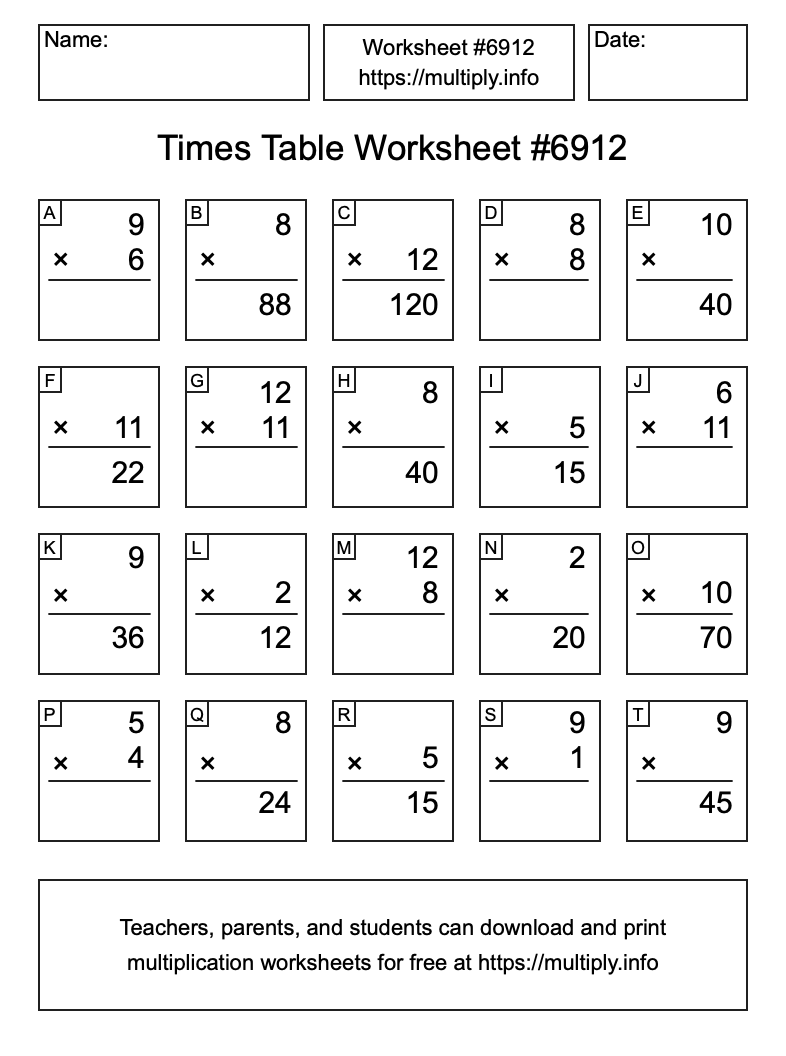 Times Table Worksheet #6912